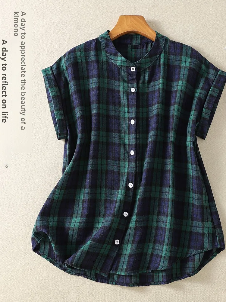 

Loose Women's Shirt Casual Style Large Size Checkered Pattern Button-Up Sleeveless Flying Sleeve Top Trendy Summer Fashion