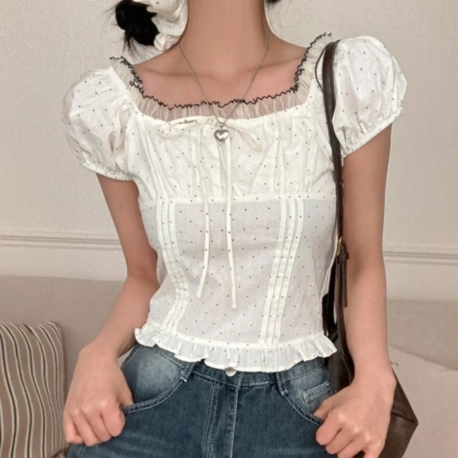 

Summer Sweet Bubble Sleeve Polka Dot Belted Women's Lace Trim Short Sleeve Waist Cinching Top with Hair Tie Korean Style Cott...