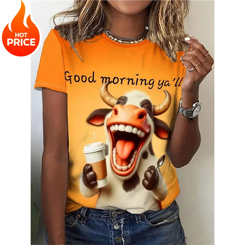 

Женская футболка с рисунком Happy Cow, забавные футболки с 3D принтом животных, летние модные футболки с короткими рукавами, топы с круглым вырезом, уличная одежда