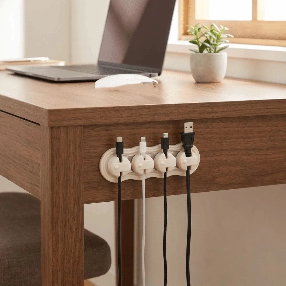 Self-Adhesive Multi Cord Holder Built-in Magnet Solid Smooth Plastic Wire Management Clips Slim Lightweight Reserved Wire Slots