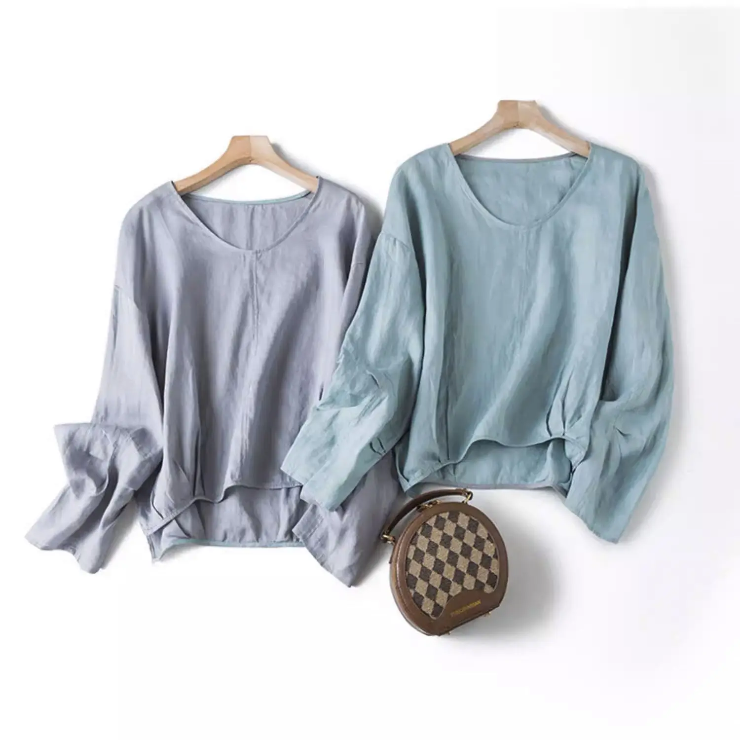 

Dave&di Casual Linen Shoulder Loose Fit Banana Sleeve U-neck Shirt Top Cover For Women Blouses Women's Clothes Shirts Tops