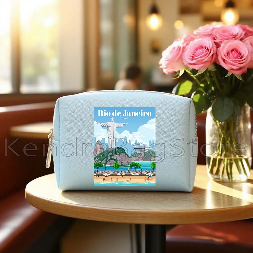 Santorini Greece Tokyo Kyiv Milan Italy Rio De Janeiro San Diego Blue PU Leather Cosmetic Bags Makeup Waterproof Storage Bags