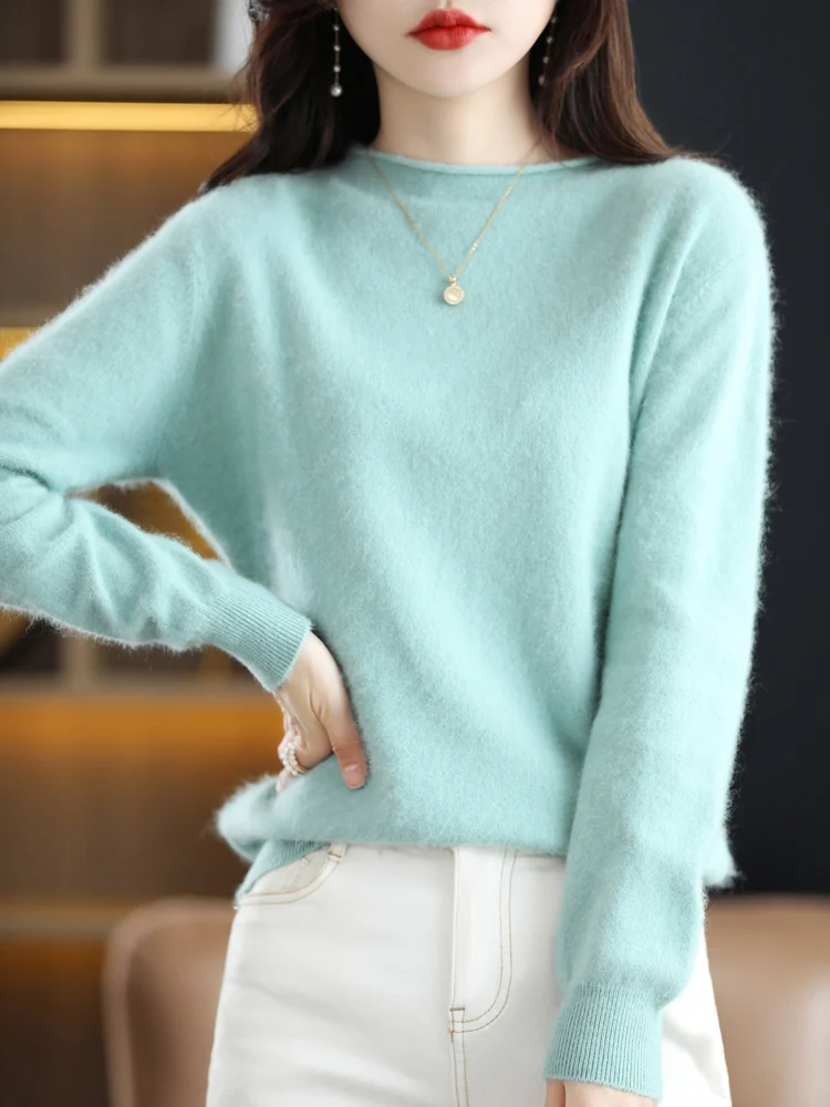 100%Mink Cashmere Sweater Autumn Winter New Knitted Pullover Women O-Neck Loose Sweater Casual Long Sleeve Thick Tops Base Shirt