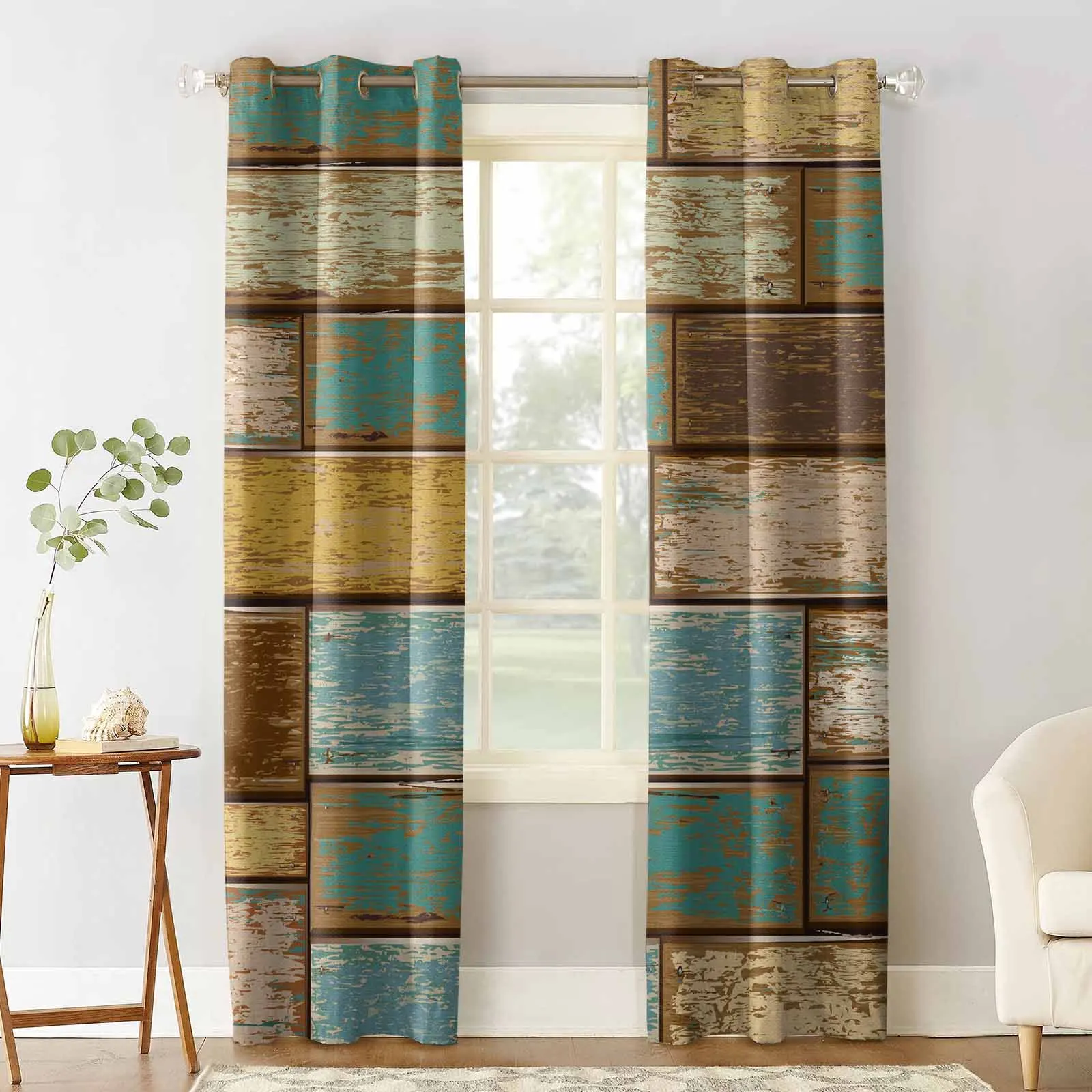 Retro Wood Board Texture Window Curtains for Living Room Kitchen Curtain Bedroom Decorative Window Treatments