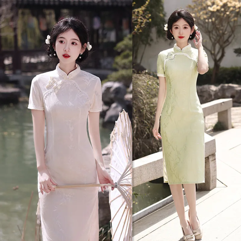 

Fashion and Young Girls' Daily Cheongsam Qi Pao Summer New Mid-Length Jacquard Long