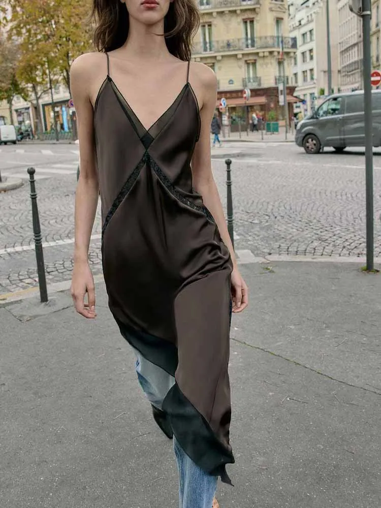 Nueva moda de invierno de estilo europeo y americano, ropa de mujer, elegante vestido midi asimétrico de satén ajustado sin mangas