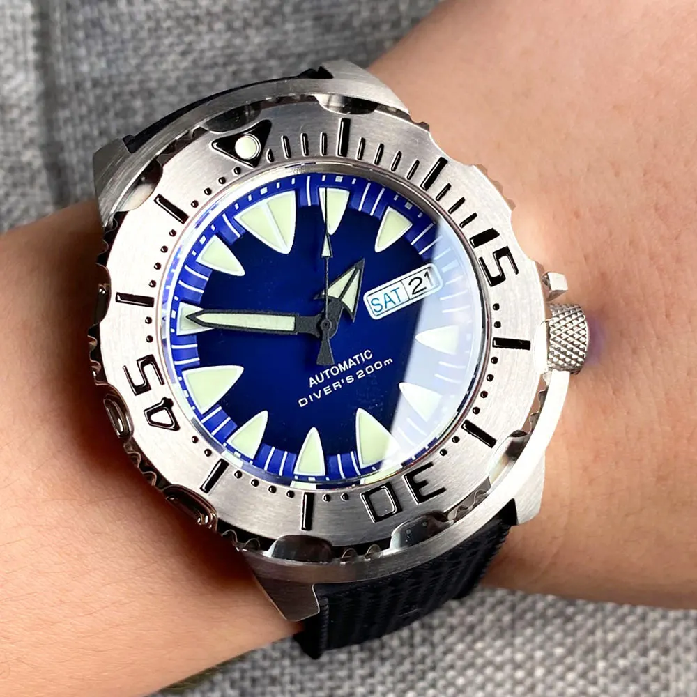 Tandorio 42mm Monster Blue Dial NH36A Herren-Automatikuhr AR Saphirglas 3,8 Uhr Krone Lume 20ATM Taucheruhr mit Kautschukarmband