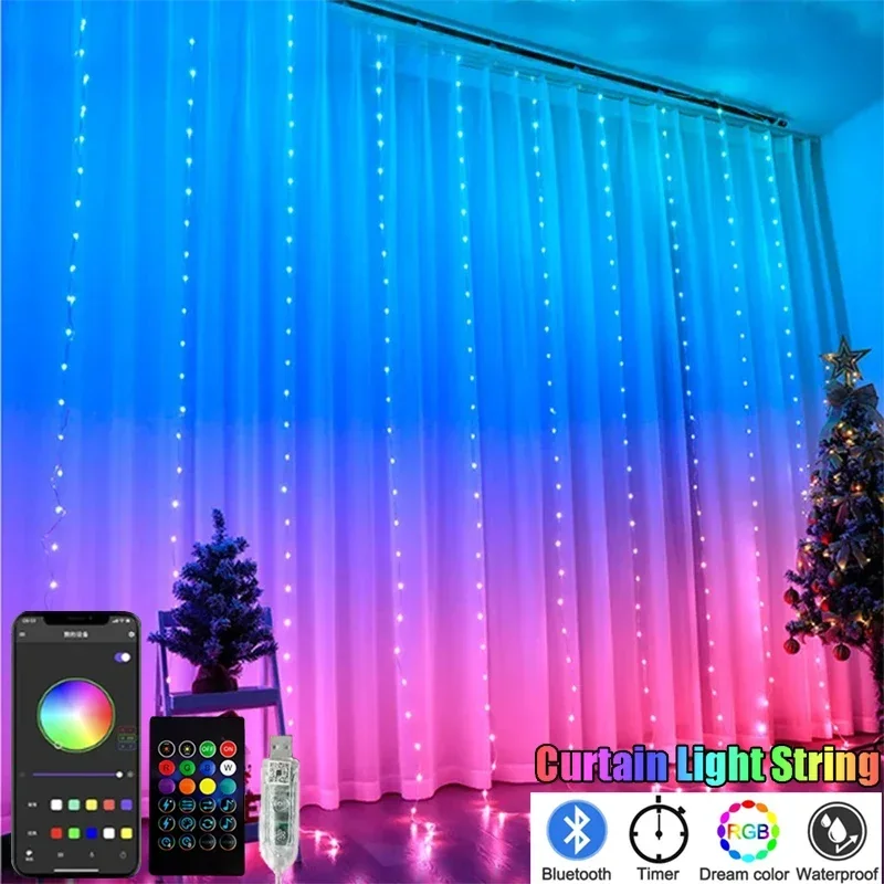 RGBIC Curtain Light String USB Plug Remote Control LED Curtain Light APP Bluetooth Control String Lights for Room Decorations