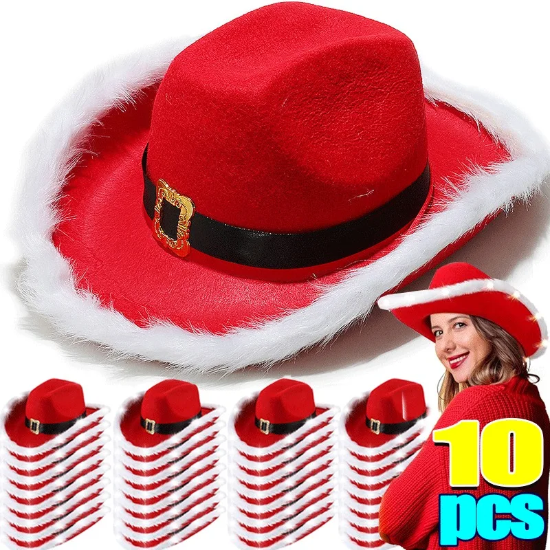 10PCS Fluffy Santa Claus Party Christmas Luminous Cowboy Hat Western Red Felt Hats Wide Brim Cowgirl Hat Jazz Hat for Women Men