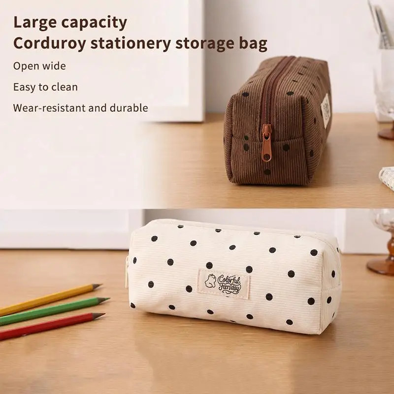Corduroy Polka Dot Pencil Pouch With Large Capacity And Easy Cleaning Perfect For Students School Office Daily Use