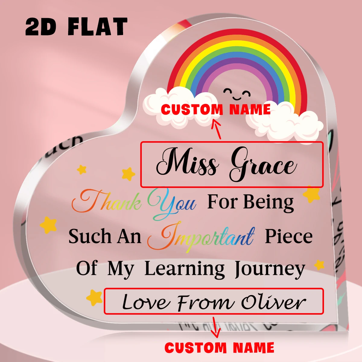 Customized Name Text Heart-Shaped Teacher Appreciation Plaque Gift With Engraved Message For Teacher's Day From Student Graduate