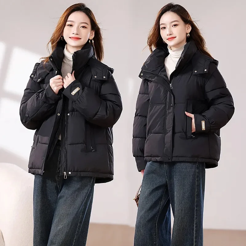 Krótka, ciepła, bawełniana kurtka puchowa damska z kapturem, nowość na zimę 2025, parki damskie w stylu koreańskim, odzież wierzchnia typu \"bread coat\", damskie topy.