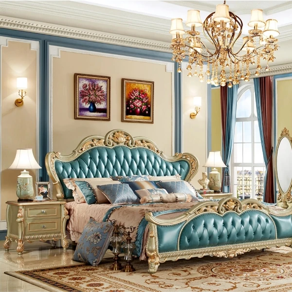

#$French Classic Solid King Size Frame Wedding Bed - European Luxury Leather Twin Princess Bed Set, Carved Wooden Gold Frame