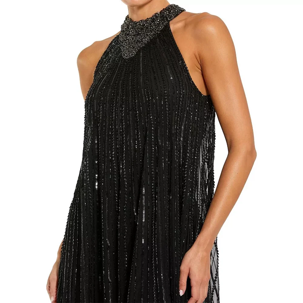 Luxury Sequin Beadings Evening Dresses High Collar Sleeveless Prom Gowns Black Tulle Floor Length Party Dress Customized 2026