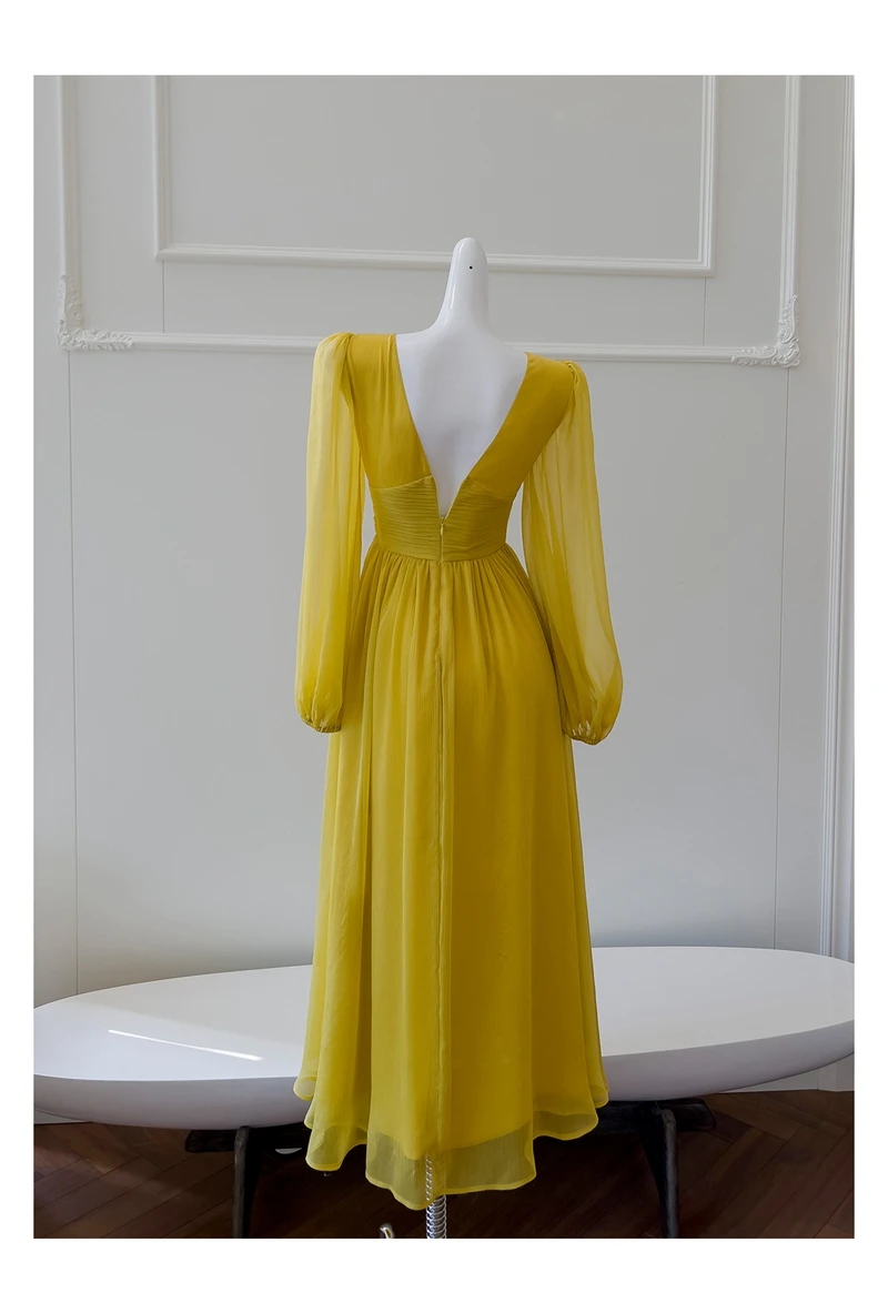 Lingzhi Wu M ustard Yellow Long Dress French Vintage Sexy Slim Waist Folds Laziness Elegant Top Quality Vestidos ExpansionBottom