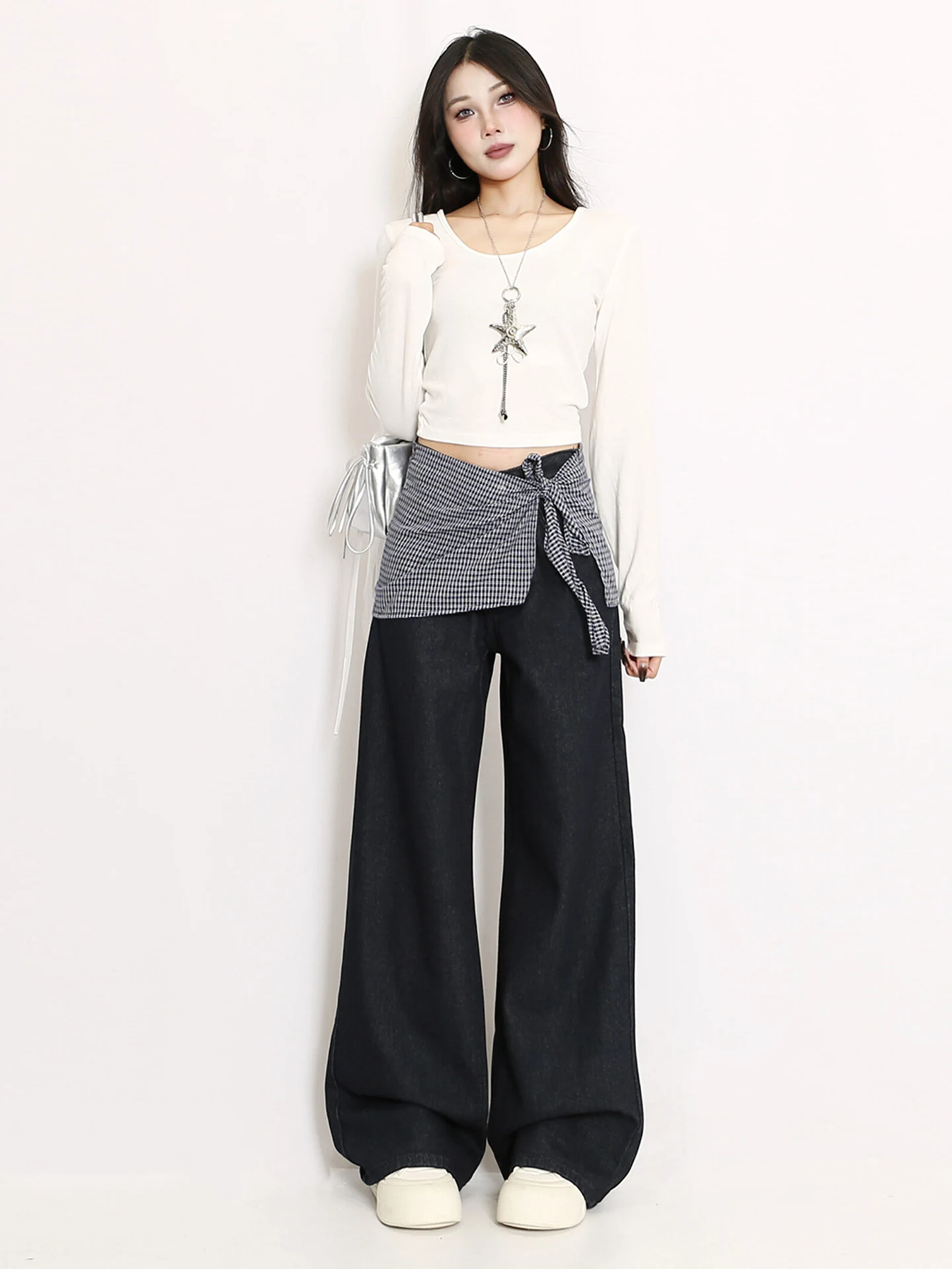 

Fall Original Denim Wide Leg Floor-Length Pants Women's Loose Trousers Plaid Belted Straight Jeans High Waist Blue Denim