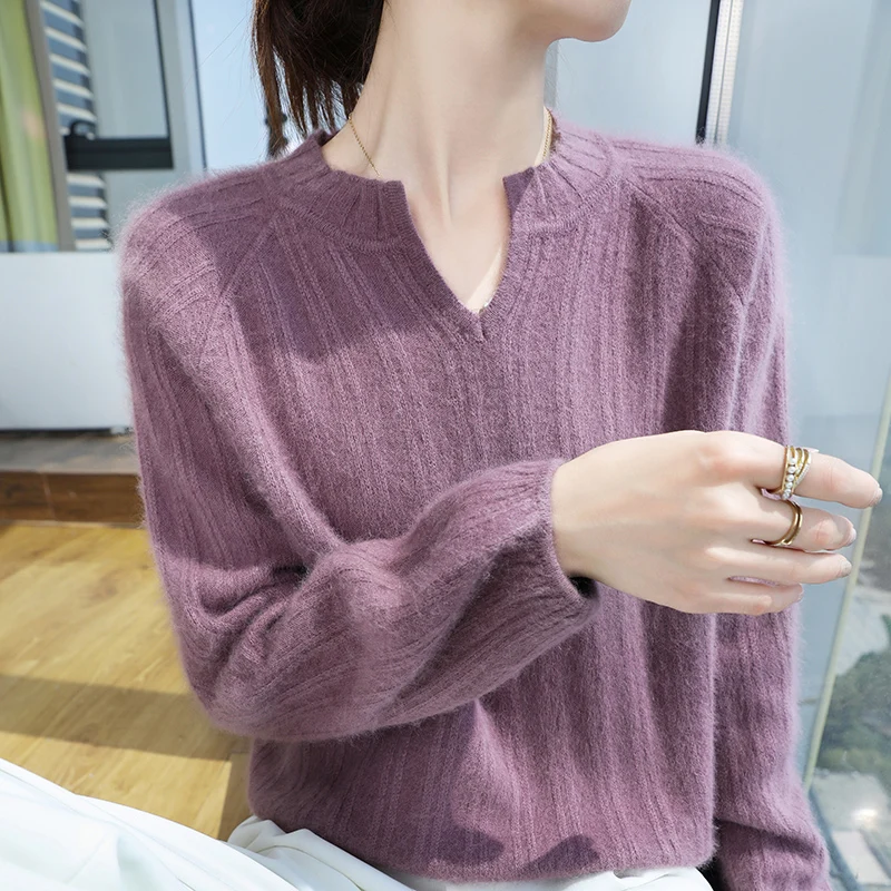 Autumn And Winter Mink Cashmere Sweater Women's V-neck Sweater Short Loose Bottoming New Pullover Padded Knitted Lantern Sleeves