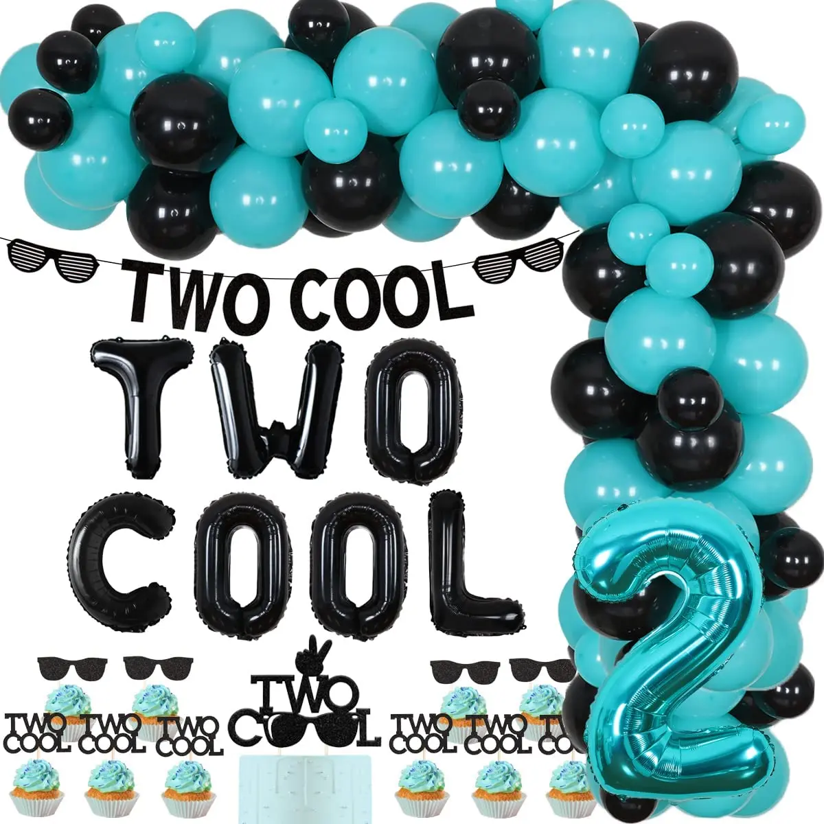 

Cheereveal Two Cool 2nd Birthday Party Decorations Two Cool Sunglasses Banner Cake Topper Blue Black Balloon Garland for Boys