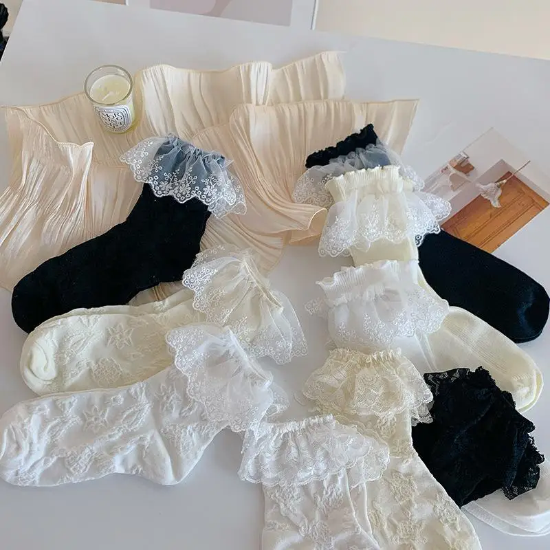 White Socks Women Summer Mid Sleeve JK Uniform Socks Japanese Cute Lolita Fashion High Quality Solid Color Sweet Lace Socks