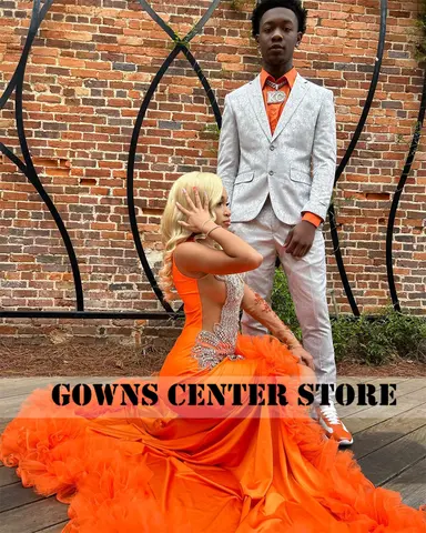Orange Pärlstav Kristall Tyll Rynkad Släp Balklänningar För Svarta Flickor Hög Slits Sjöjungfru Damklänning Specialanpassad Bröllopsklänning 10 best sales orange balklänningar - №10