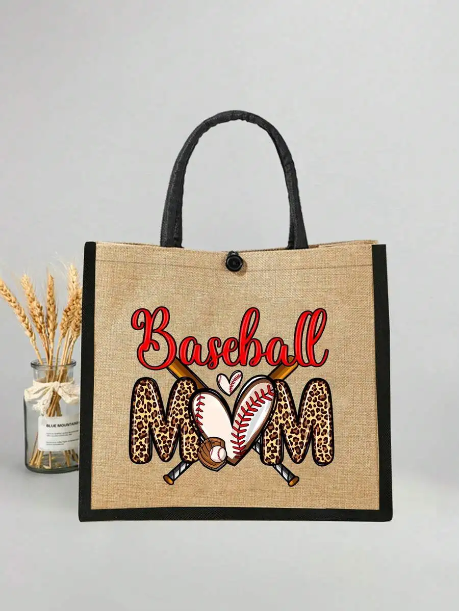 

Baseball Mom Canvas Tote Bag Leopard Print Letter Design Casual Shopping Bag