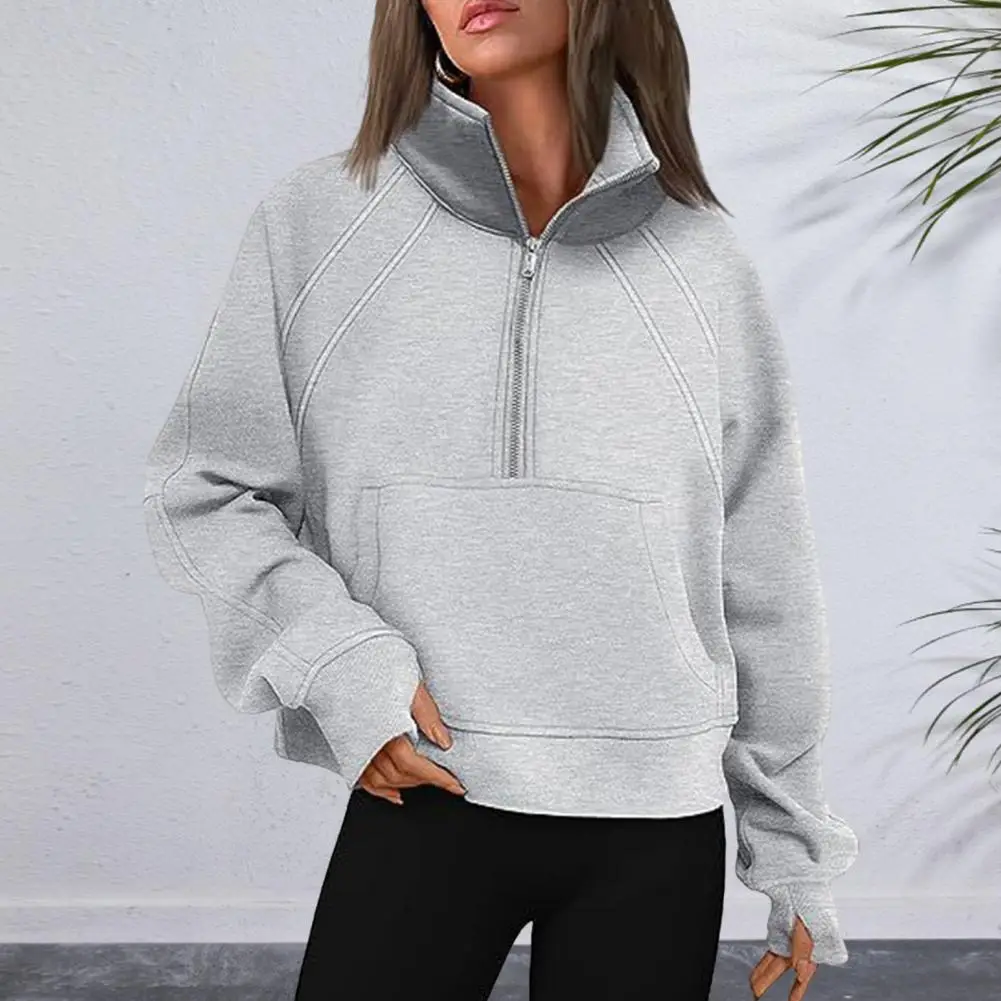 Women Sweatshirt Solid Color Sweatshirt Cozy Plush Half Zip Sweatshirt for Women Warm Winter Pullover with Stand-up Collar Patch