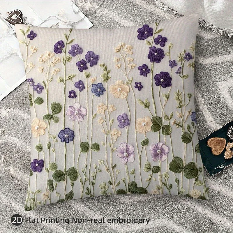 Doppelseitiger Boho Lila Wildblumen Kissenbezug Vintage Blumendruck Weicher Zierkissenbezug für Wohndekor