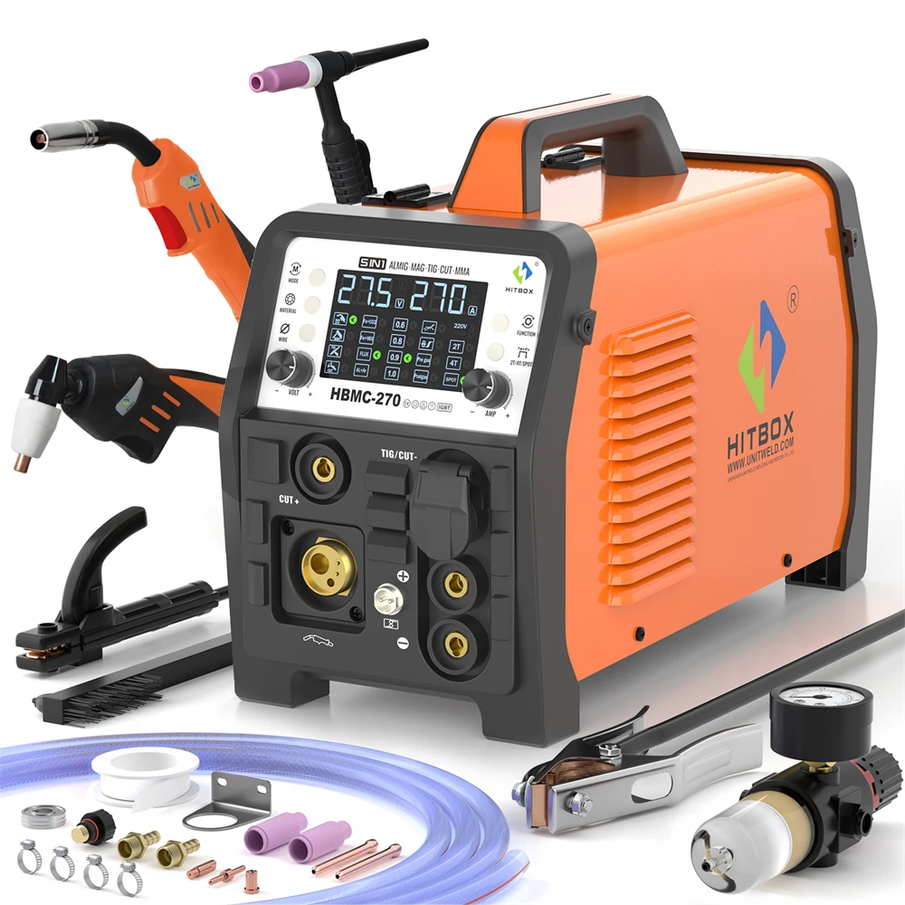 HITBOX 270A 6 in 1 Aluminum Welding Machine MMA/Gas MIG/Gasless MIG/HF TIG/Cut Digital Screen 2T 4T Inverter Welder Stainless