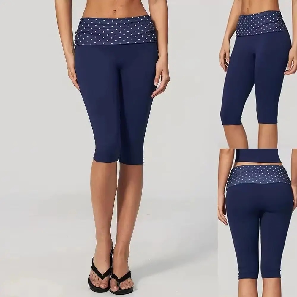 Women Butt Lifting Yoga Capri Leggings Fold Over Waist Striped Polka Dot Sports Pants Fitness Running Workout Gym Push Up Tights