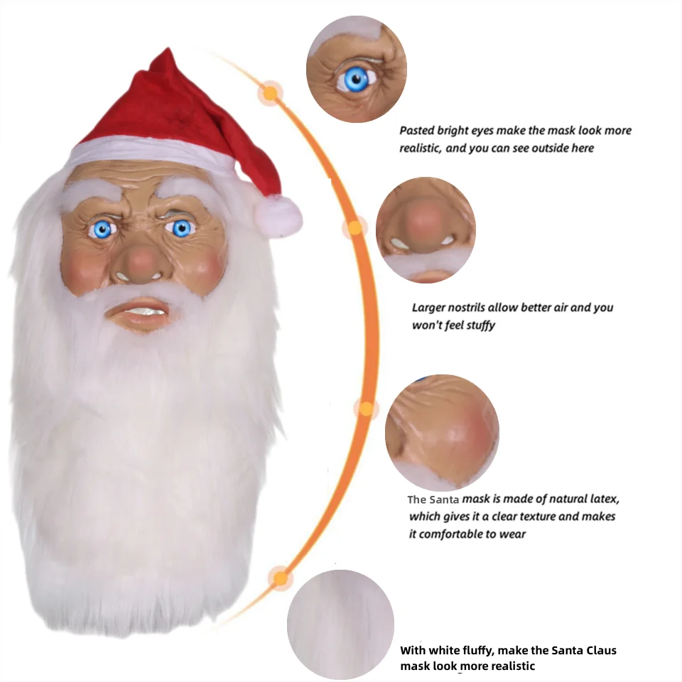 Santa Mask with White Beard and Hat Realistic Full Face Costume for Man Cosplay Prop Masquerade Party adult Latex Christmas Mask