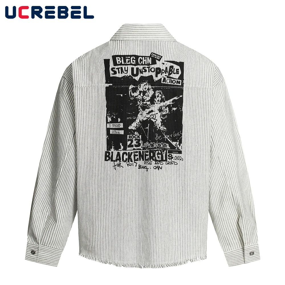 

Rock Print Long Sleeve Striped Shirts Mens Raw Hem Autumn High Street Loose Lapel Single Breasted Shirts Man