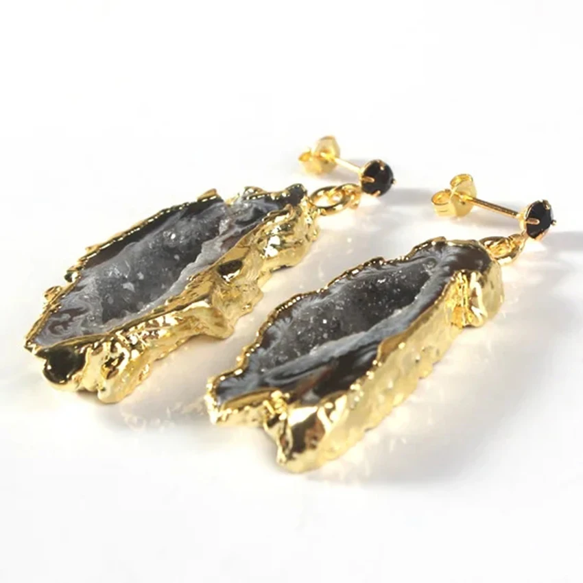 XSM Irregular Shape Drop Earrings Natural Slice Geode Agates Crystal Rock Gorgeous Earrings for Women Charms Ear Stud Jewelry