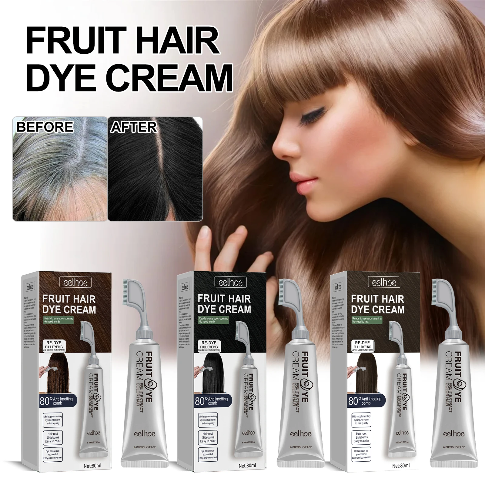 Black Fruit Dyeing Cream With Comb Natural Cover White Gray Hair Gentle Non-irritating Styling Long Lasting Hair Coloring Cream