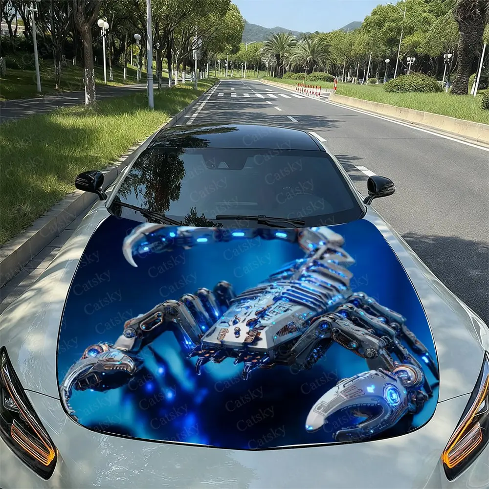 

Blue Silver Mechanical Scorpion Print Hood Decal - PVC Material, Racing Car Body Vinyl Sticker, External Modification Decoration
