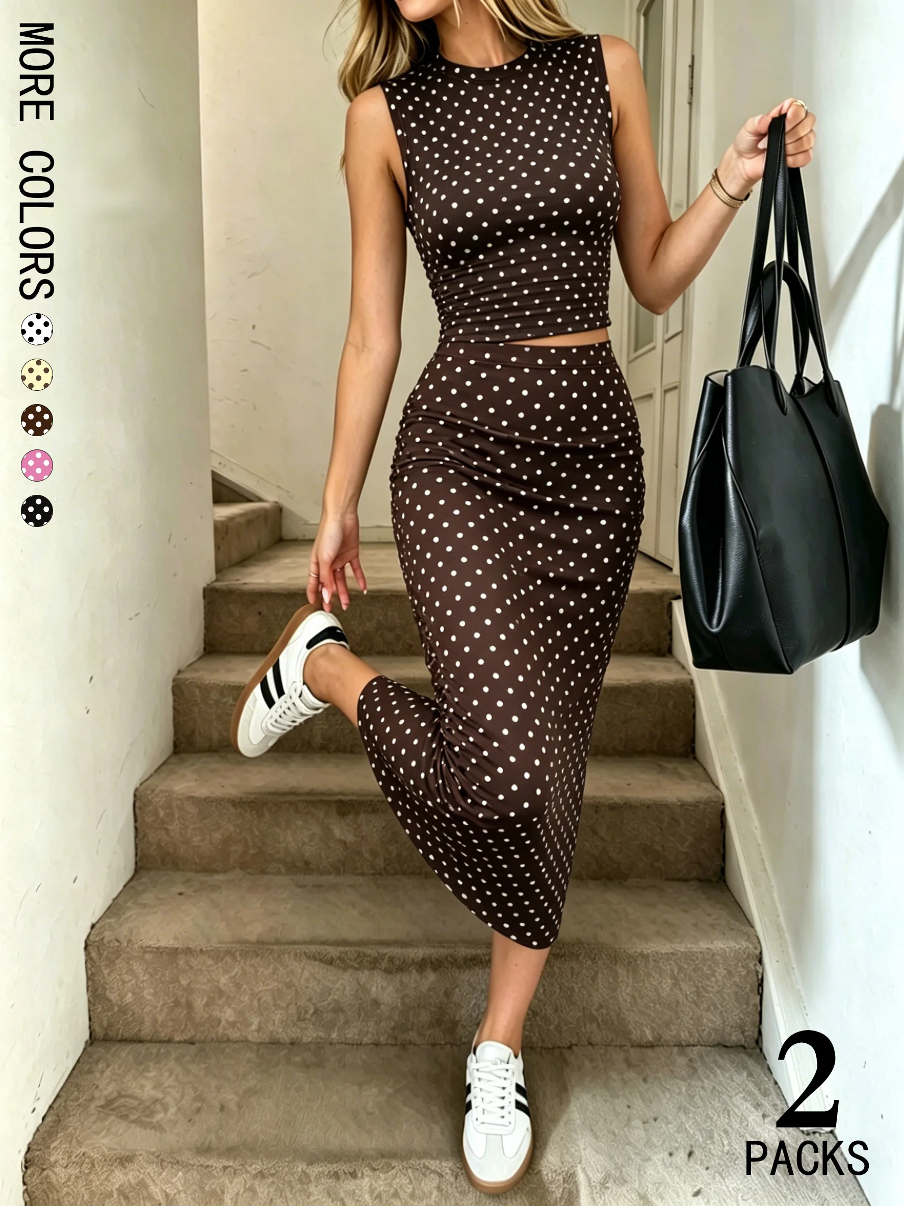 Ensemble 2 pièces à pois pour femmes, haut court sans manches et jupe mi-longue froncée, vêtements d'été pour femmes, ensembles assortis pour sorties nocturnes et vacances