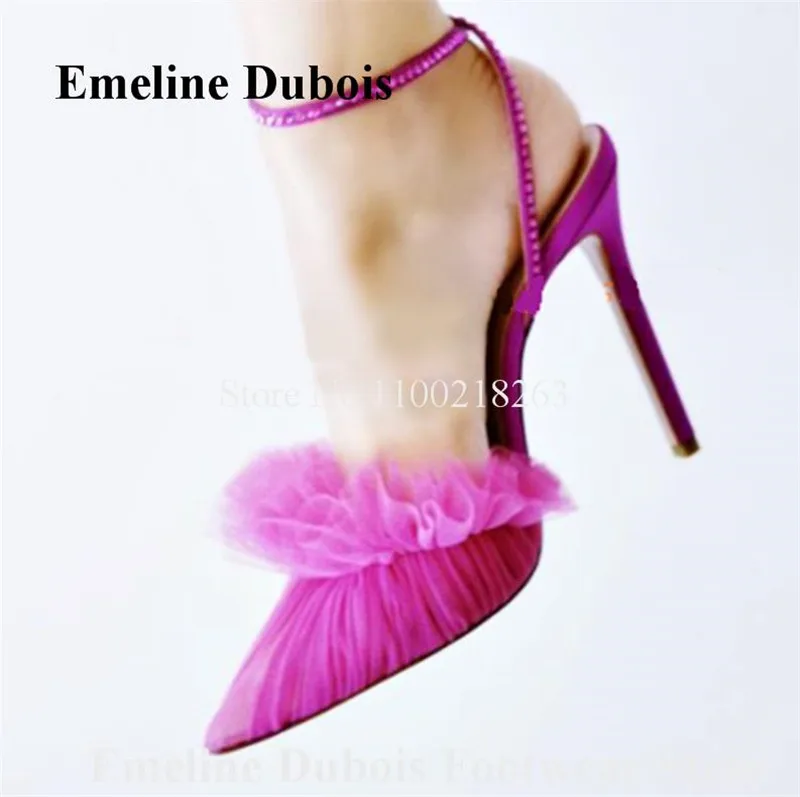 Newest Mesh Ruffles Pumps Emeline Dubois Pointed Toe Pink Purple BlueLace Fringes Stiletto Heel Dress Shoes Wedding Heels