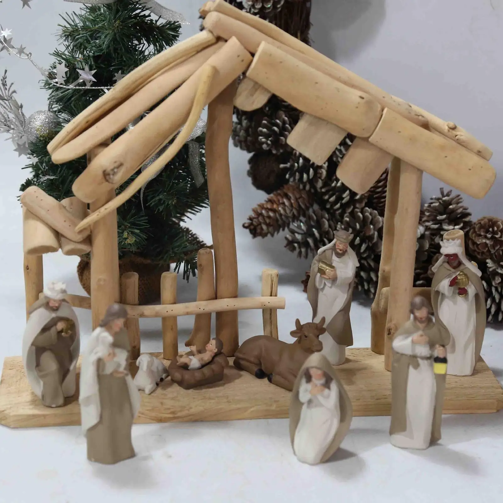 Wooden Christmas Nativity Scene Without Figurine Festive Home Desk Decoration Collectable Nativity Creche Stable