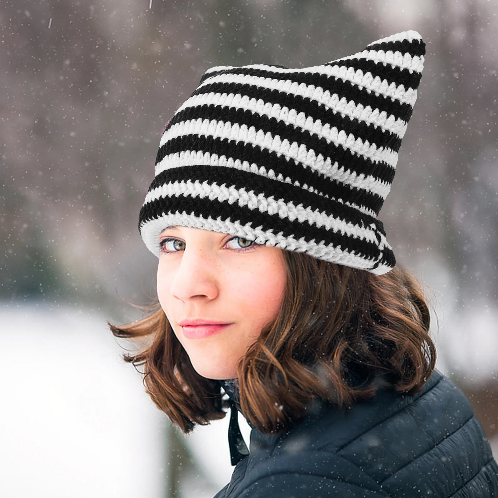 

New Autumn Winter Warm Knitted Unisex Cats Ears Striped Hat Women Men Outdoor Aldult Caps Pink Comfortable Stylish