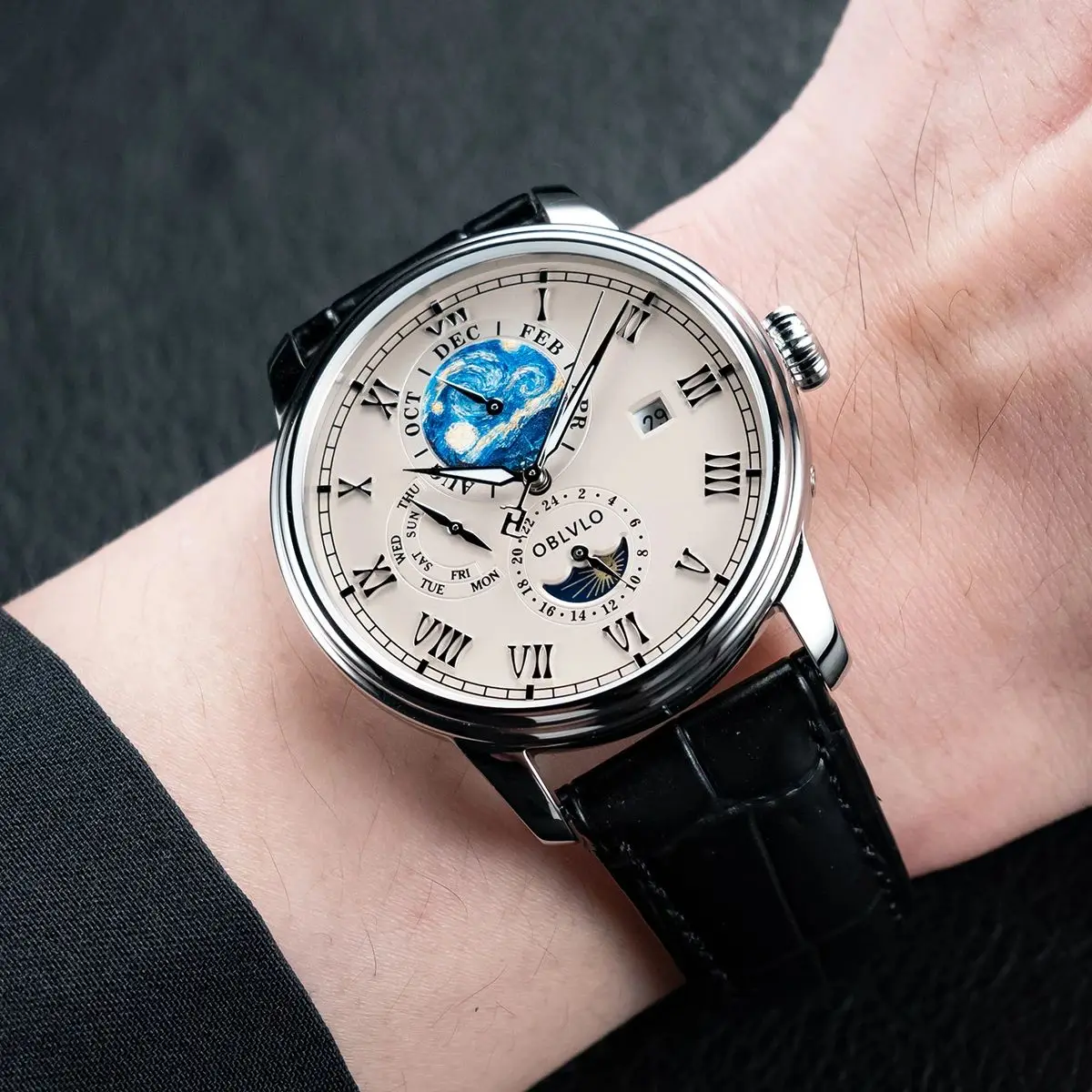OBLVLO ساعة أوتوماتيكية للرجال 42 ملم ساعة يد ميكانيكية عتيقة 5ATM مضيئة متعددة الطلب شهر، أسبوع، تاريخ، 24 ساعة TY1653