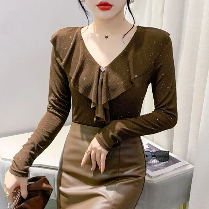 New Autumn Fashion Korean Shiny Mesh T-Shirt Clothes Sexy V-Neck Ruffles Love Decorative Women Tops Long Sleeve All Match Tees