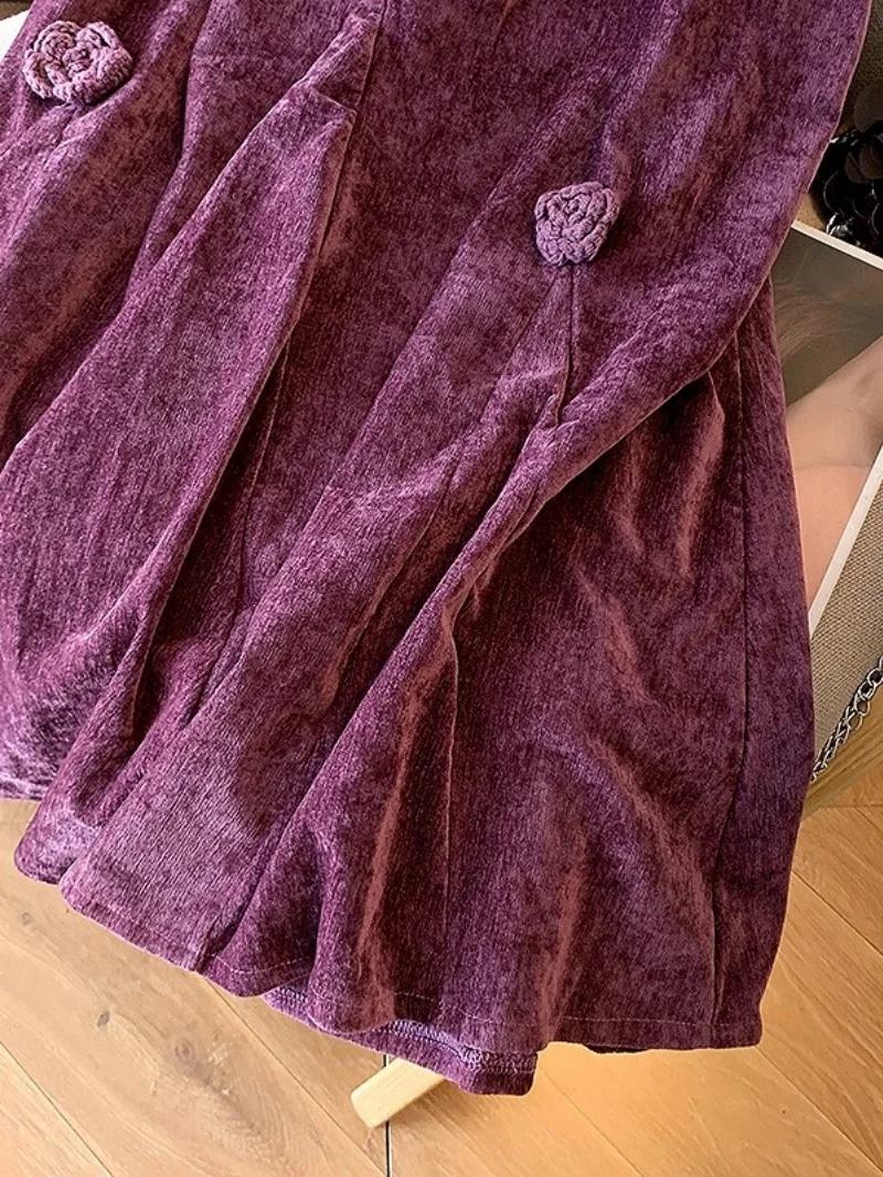 三次元花紫コーデュロイスカート女性のための秋ハイウエスト多用途 A ラインベルベット傘スカートトレンディ W1355