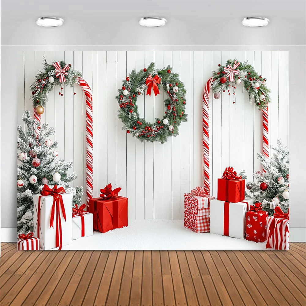 Santa Claus Studio Photography Backdrops Adult Kids Portrait Photocall Background Red Checkered Xmas Tree Gift Photo Props