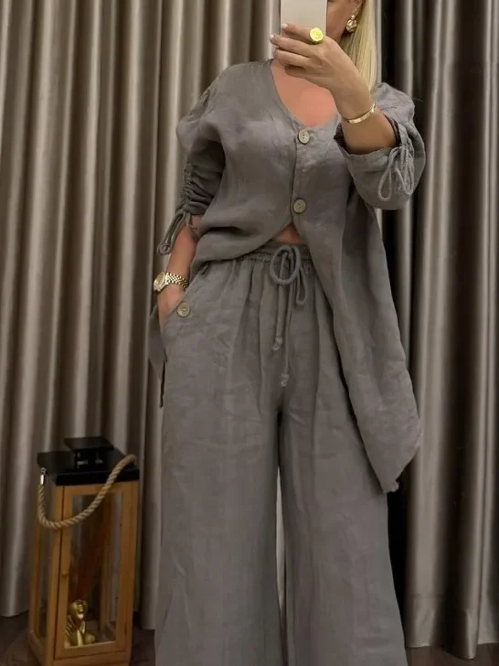 Conjunto informal de dos piezas de lino y algodón para mujer, camisa holgada de manga larga con cuello en V y una hilera de botones, pantalones de pierna ancha de cintura alta