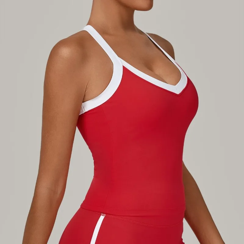 

Color Block Women's Yoga Vest Heart-shaped Neckline Open Back Fitness Top Quick Dry Gym Running Workout Sleeveless Tank Top