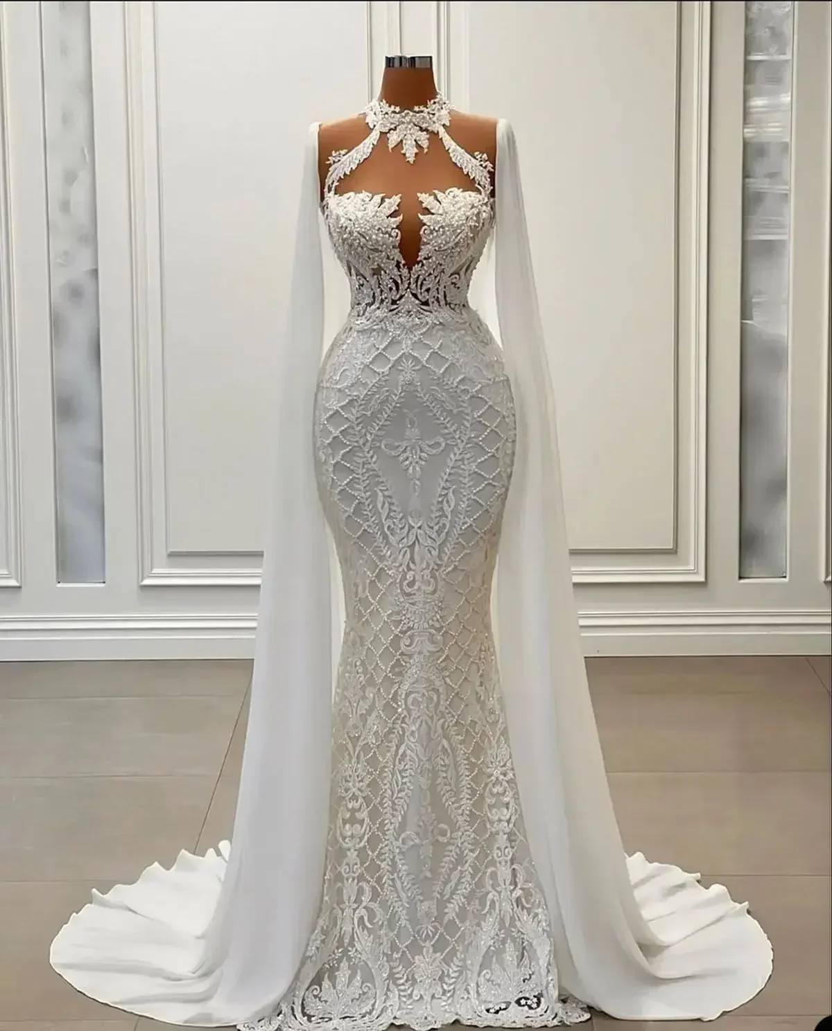 Customized  High Neck Lace Mermaid Wedding Dresses With Cape Robe De Mariée 2025 Real Photo Bridal Gowns