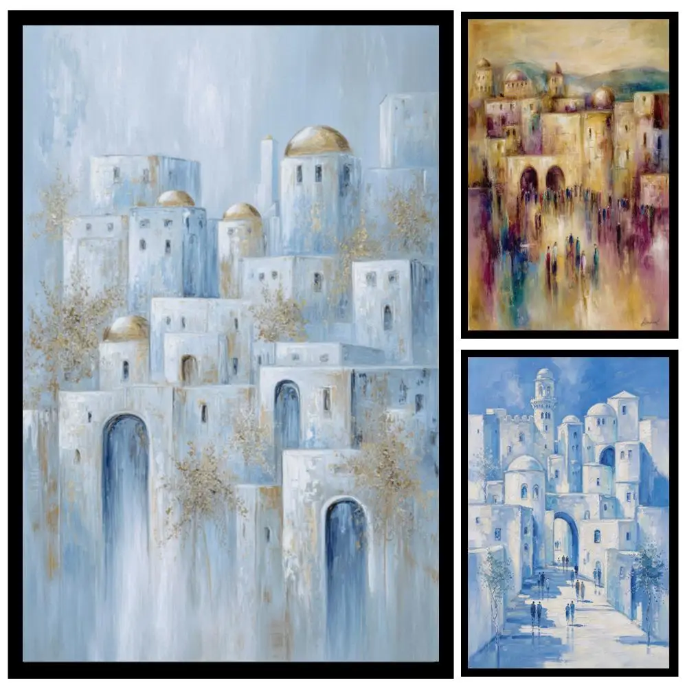 Blue Jerusalem Landscape Wall Art Printed On Canvas Abstract Holy City Israel Architecture Painting Modern Decor for Hallway
