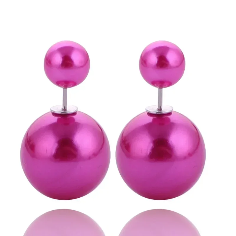 Simple Style Double Sides Big Beads Ball Earring Candy Color Double Pearl Stud Earrings for Women Fashion Jewelry Bijuterias