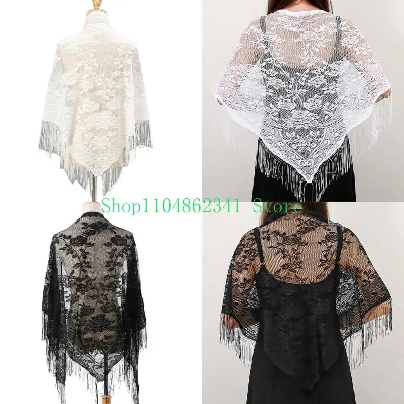 

652F Stylish Lace Shawl with Tassels Seethrough Shoulder Wrap for Evening Party Wear