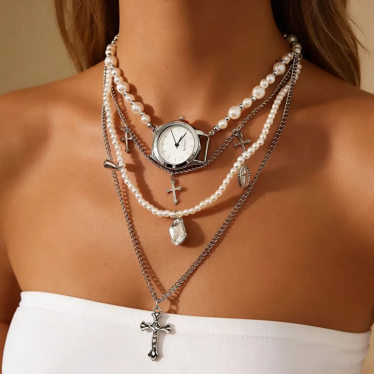 Vintage Multi Layer Pearls Choker Necklace Women Watches Cross Pendant Quartz Watch Gothic Necklaces Jewelry Relogio Feminino