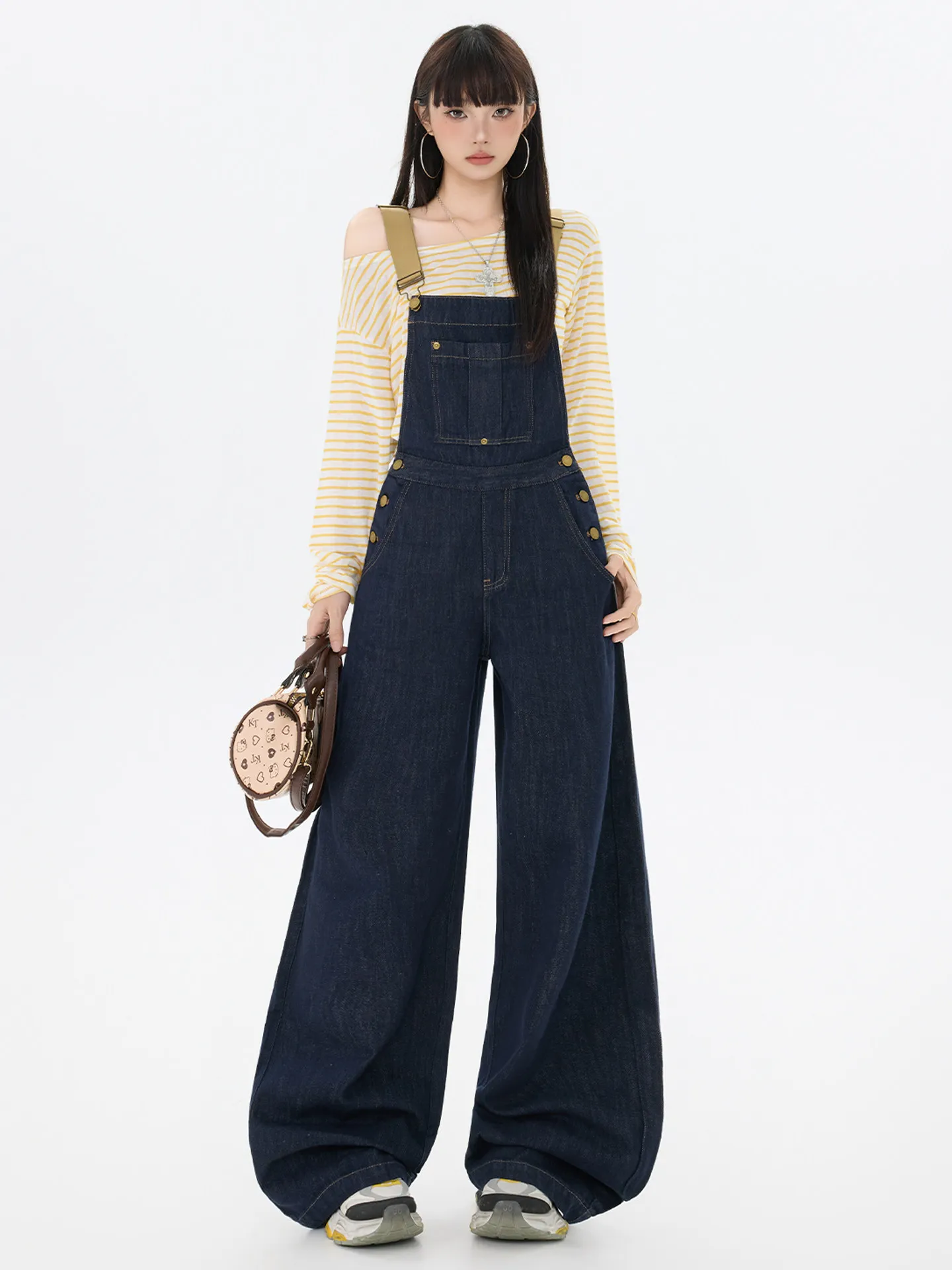 

High Waist Denim Overalls Women's Sweet Sle Loose Straight Leg Casual Jeans Pants Retro American Vintage Strap Pants